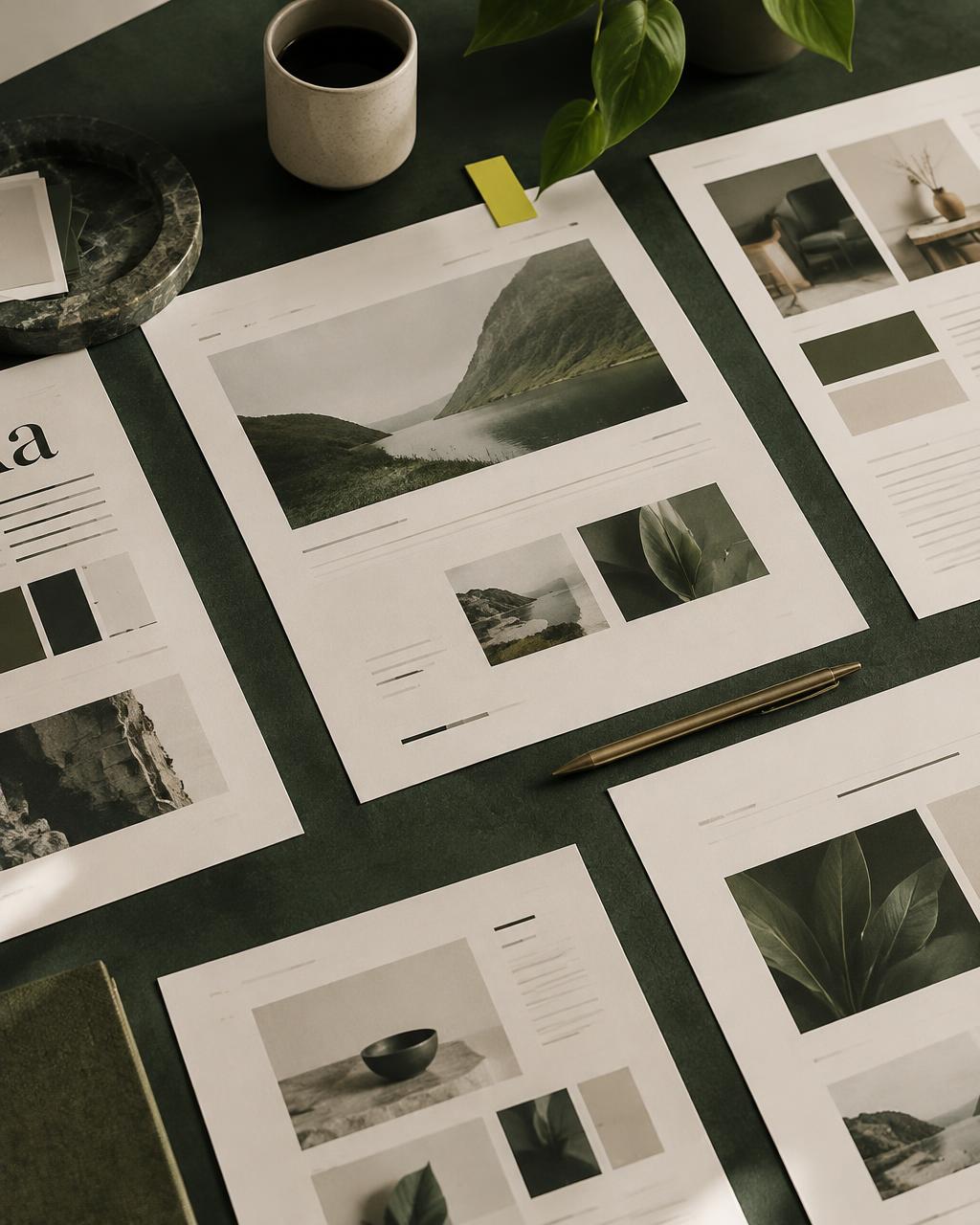 Printed website layout proofs on a green desk